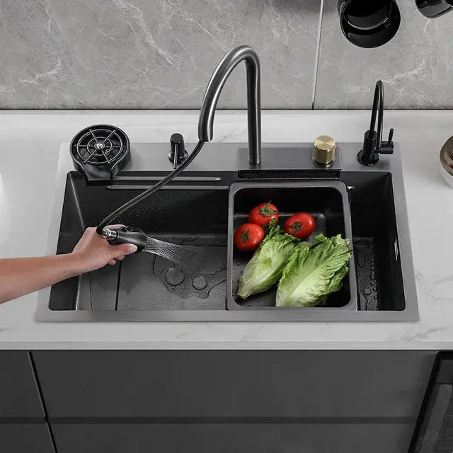 aramo, kitchen sink, multifunctional kitchen sink, glass washer, nano sink