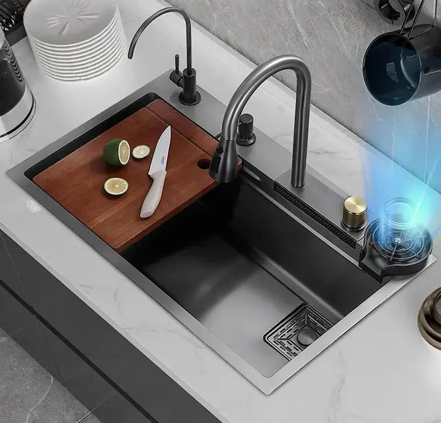 aramo, kitchen sink, multifunctional kitchen sink, glass washer, nano sink